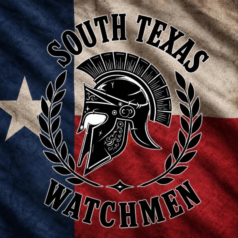 A Spartan helmet emblem surrounded by a laurel wreath and the words "SOUTH TEXAS WATCHMEN" is superimposed on a distressed Texas flag.