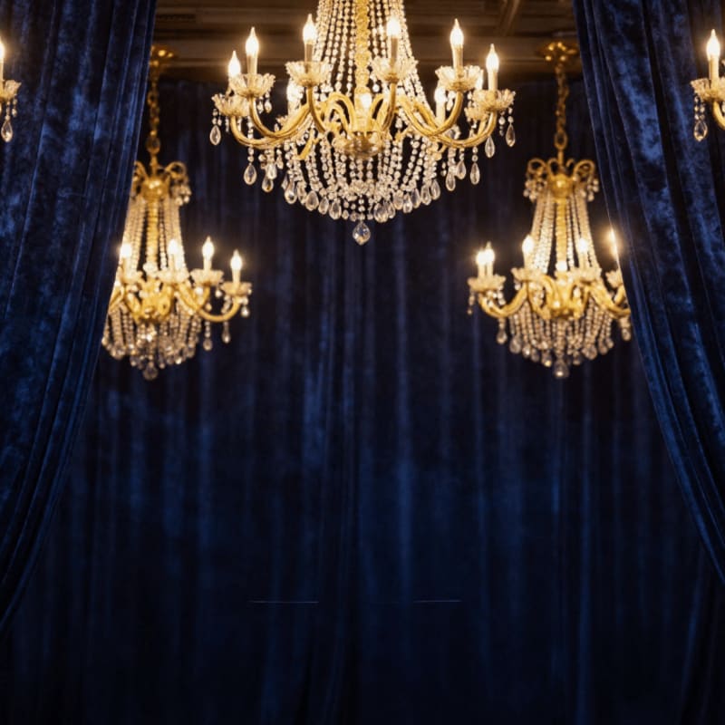 Ornate golden chandeliers hang above a deep blue velvet curtain.