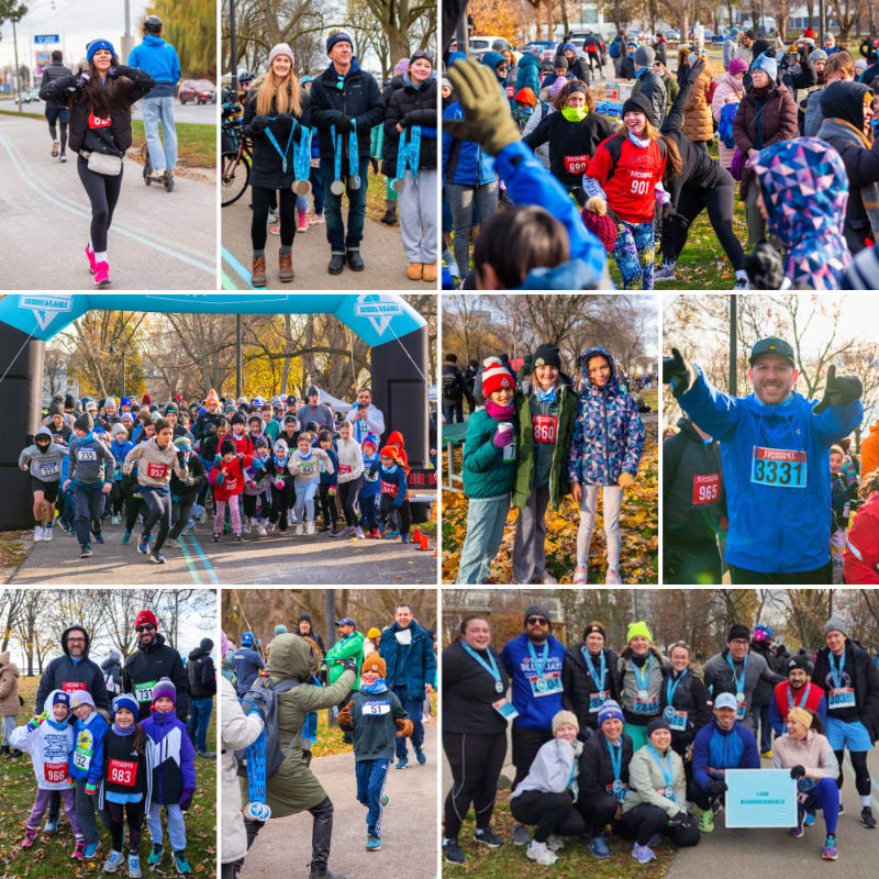 A group of people in winter clothing are participating in an outdoor event, with a start/finish line archway in the background of one panel and a crowd of spectators in another.