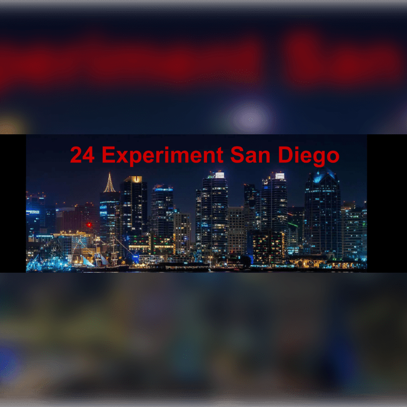 A nighttime cityscape of San Diego with illuminated skyscrapers in the background and a blurred red overlay at the top.