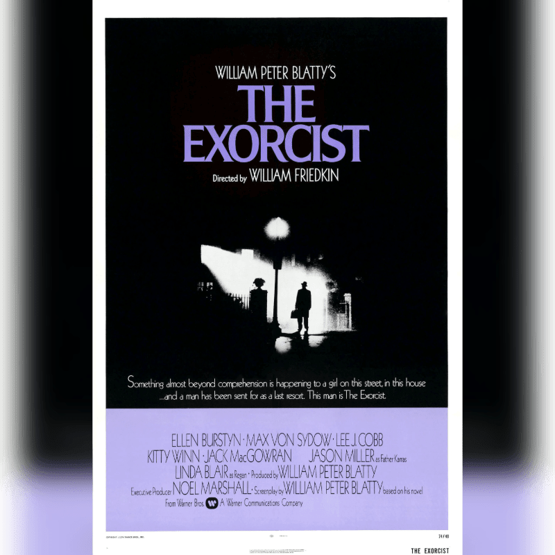A silhouetted figure stands on a street at night in the foreground, with a dark, ominous background featuring the title "The Exorcist" in large letters.