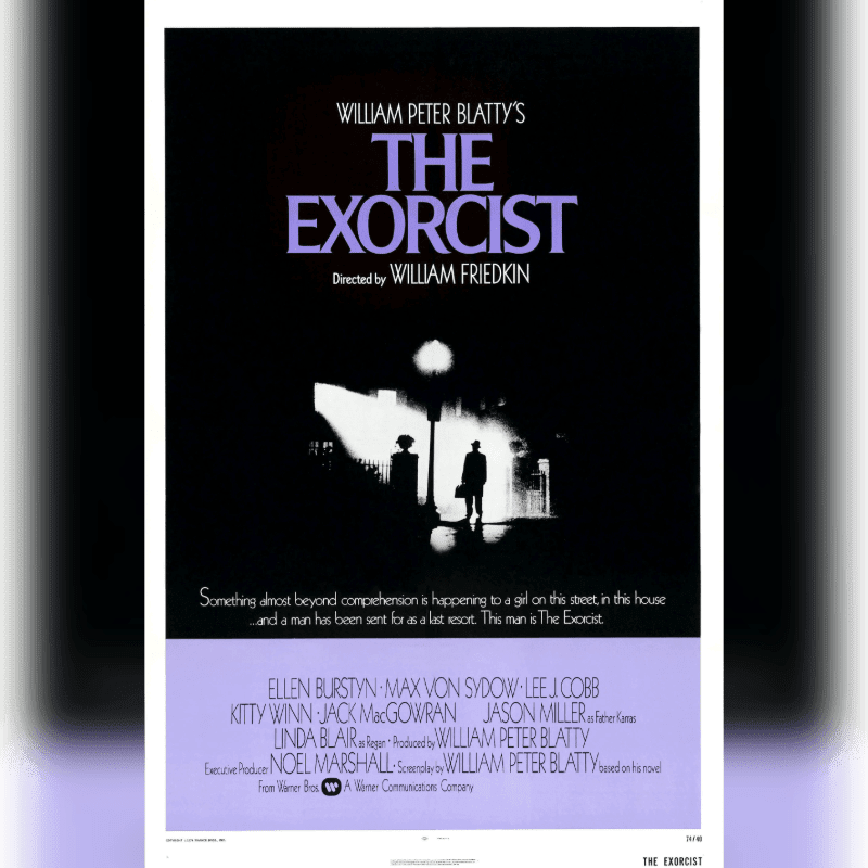 A silhouetted figure stands on a street at night in the foreground, with a dark, ominous background featuring the title "The Exorcist" in large letters.