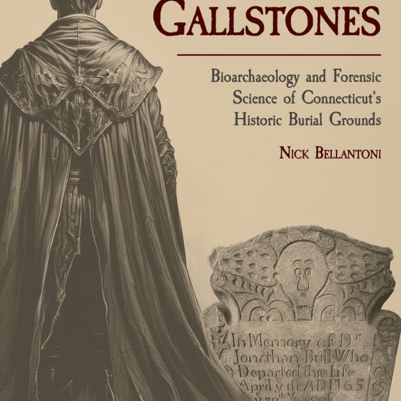 A cloaked figure stands behind an old gravestone with carved text, set against a sepia-toned background featuring the title "GALLSTONES" and subtitle.