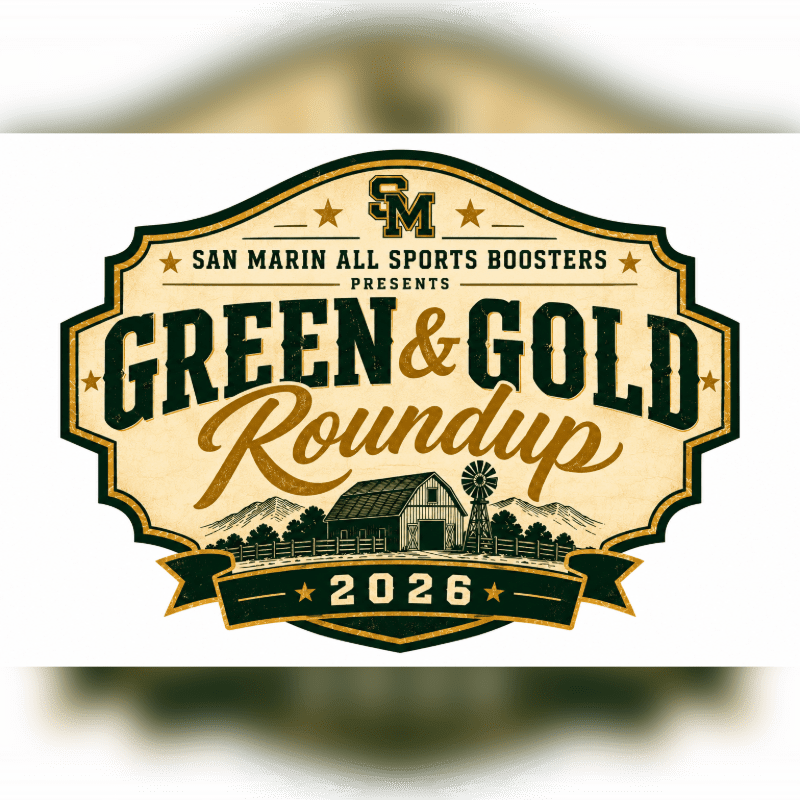 A rustic barn and windmill are featured in the foreground of a logo for the "Green & Gold Roundup" presented by San Marin All Sports Boosters, set against a backdrop of rolling hills and a starry sky.