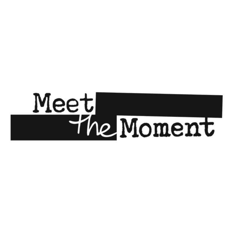 Black bars frame the words "Meet" and "the Moment" in a white background.