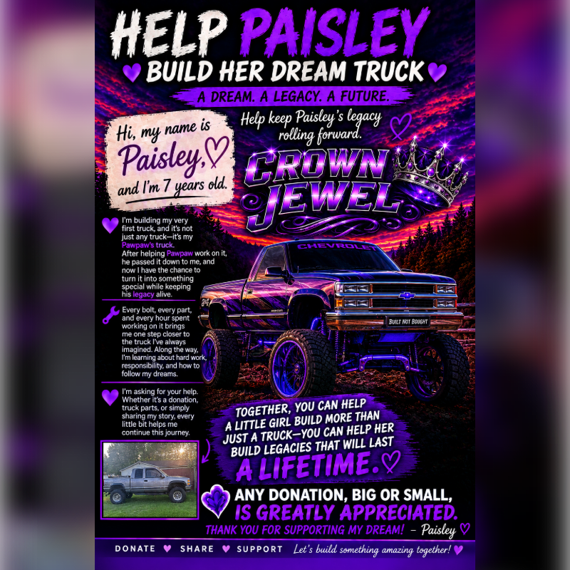 A purple and pink graphic with text about helping Paisley build her dream truck features a lifted purple Chevrolet truck in the foreground against a dark, mountainous background.