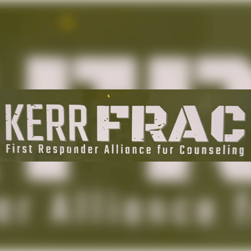 White stencil-style text reading "KERR FRAC" with "First Responder Alliance for Counseling" below it is centered on a blurred olive green background.