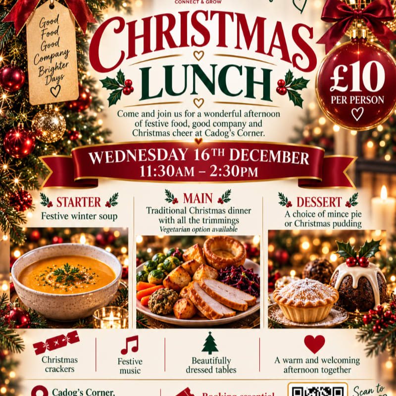 A festive Christmas lunch poster advertises a meal with starter, main, and dessert options, set against a background of twinkling lights and Christmas decorations.