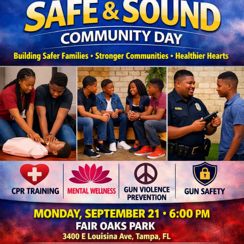In the foreground, icons represent CPR training, mental wellness, gun violence prevention, and gun safety, while the background features three scenes of community engagement, including CPR demonstration, a group of young people interacting, and a police officer speaking with a young man.