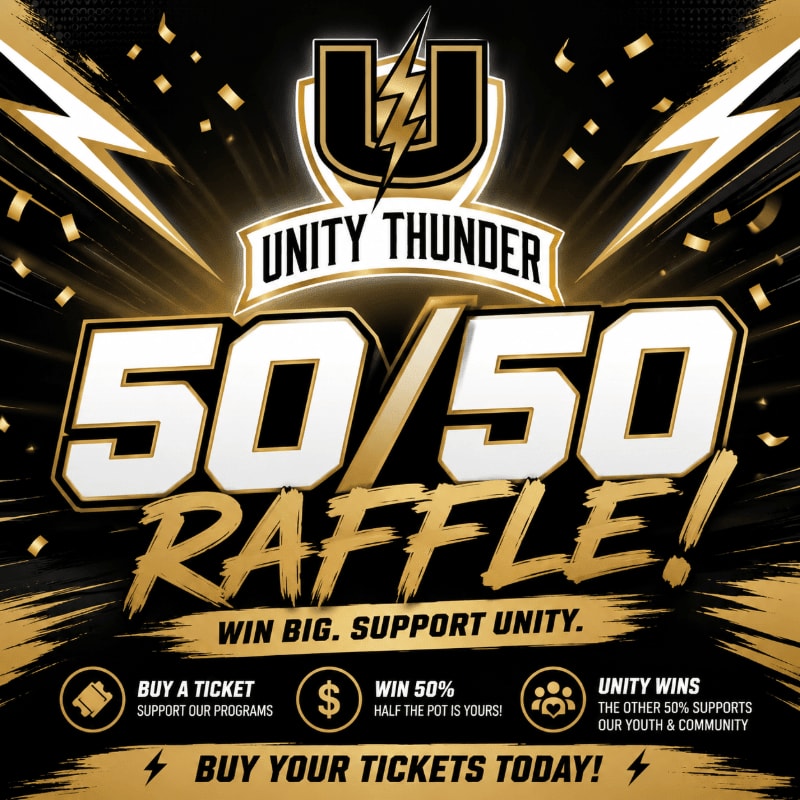 Large white and gold text announcing a "50/50 Raffle!" is centered in the foreground, with a black and gold lightning bolt background and confetti.