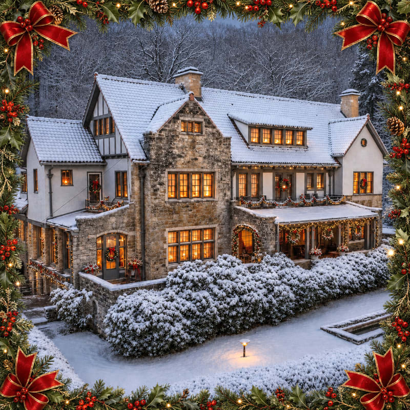 A grand stone house, dusted with snow and adorned with Christmas lights, sits nestled amongst snow-covered bushes and trees, framed by a festive garland.