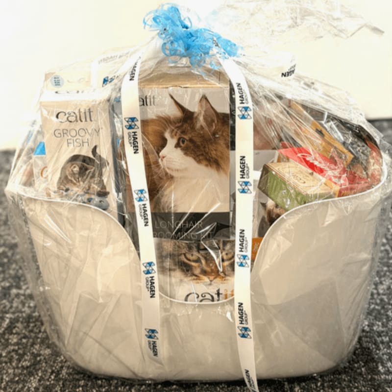 A white gift basket filled with cat food and treats is wrapped in cellophane and tied with a blue ribbon, set against a gray carpeted background.