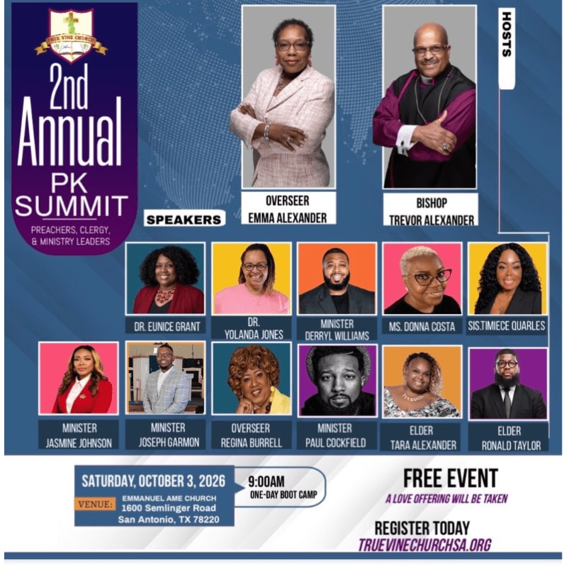 The foreground displays a list of speakers and event details for the 2nd Annual PK Summit, while the background features portraits of the hosts, Overseer Emma Alexander and Bishop Trevor Alexander.