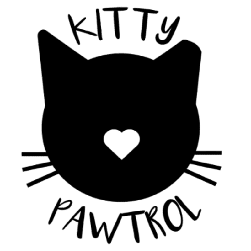 A black silhouette of a cat's head with a white heart on its nose and the words "KITTY PAWTROL" above and below, is set against a plain white background.