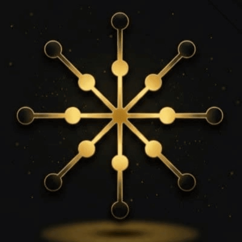 A golden, star-like symbol with circular nodes at the end of each point is centered against a dark, speckled background with a subtle golden glow.