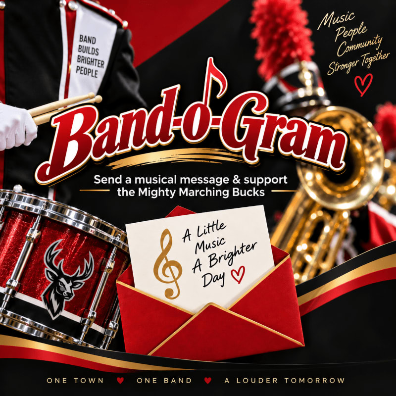 A red envelope with a musical note and message sits in front of a marching band drum and brass instruments, with text promoting "Band-o-Gram" and community.
