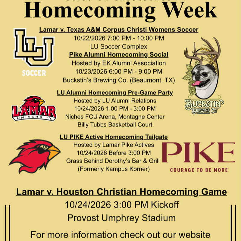 A yellow background displays details for Lamar University's Homecoming Week events, including soccer games and social gatherings, with logos and graphics scattered throughout.