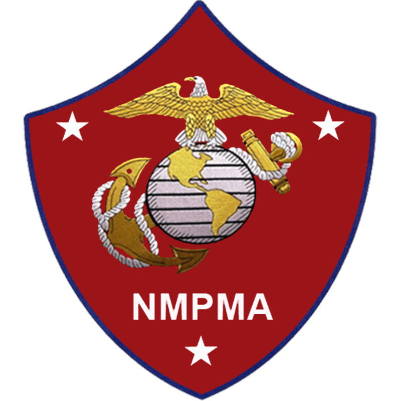 A maroon shield with a blue border contains the United States Marine Corps emblem of an eagle, globe, and anchor, with the letters "NMPMA" in white below, all set against a white background.