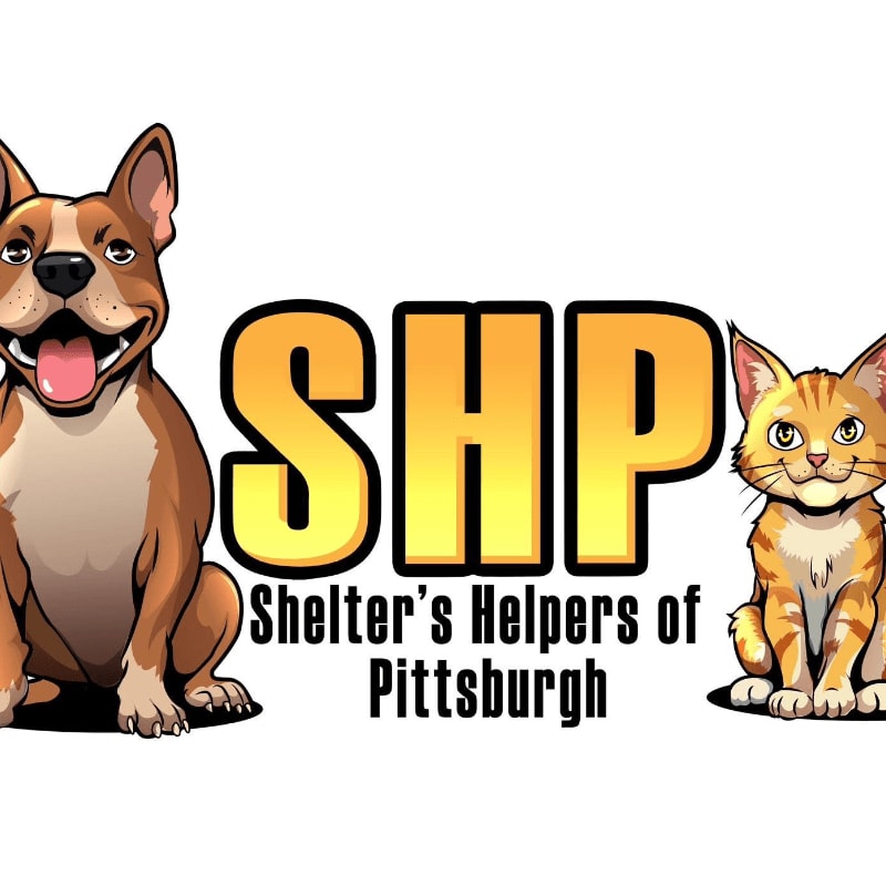 A happy brown dog and an orange tabby cat sit on either side of the bold yellow letters "SHP" with the words "Shelter's Helpers of Pittsburgh" below, all against a white background.