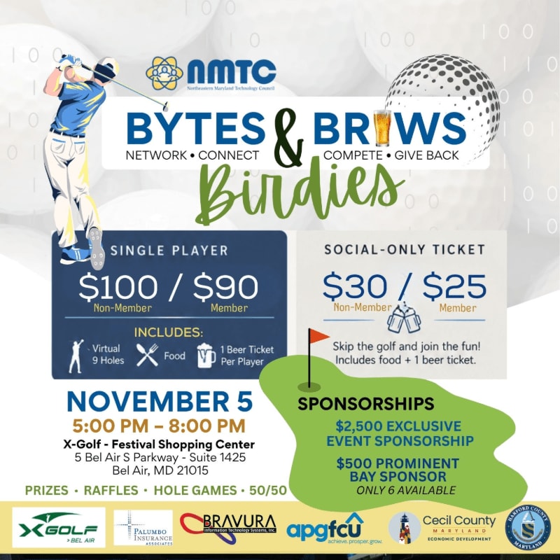 A golfer in the foreground swings at a ball with a digital background of binary code and a golf ball, advertising a "Bytes & Brews Birdies" event with ticket prices and sponsorship opportunities.