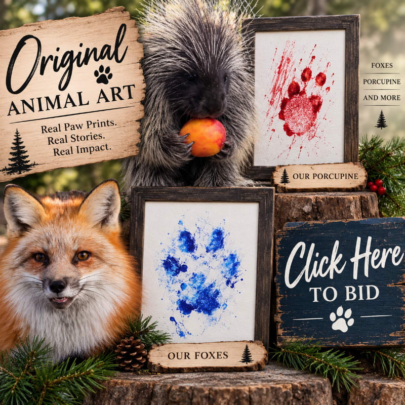 A red fox and a porcupine are featured in the foreground with framed paw prints, while the background shows a rustic wooden sign and greenery.