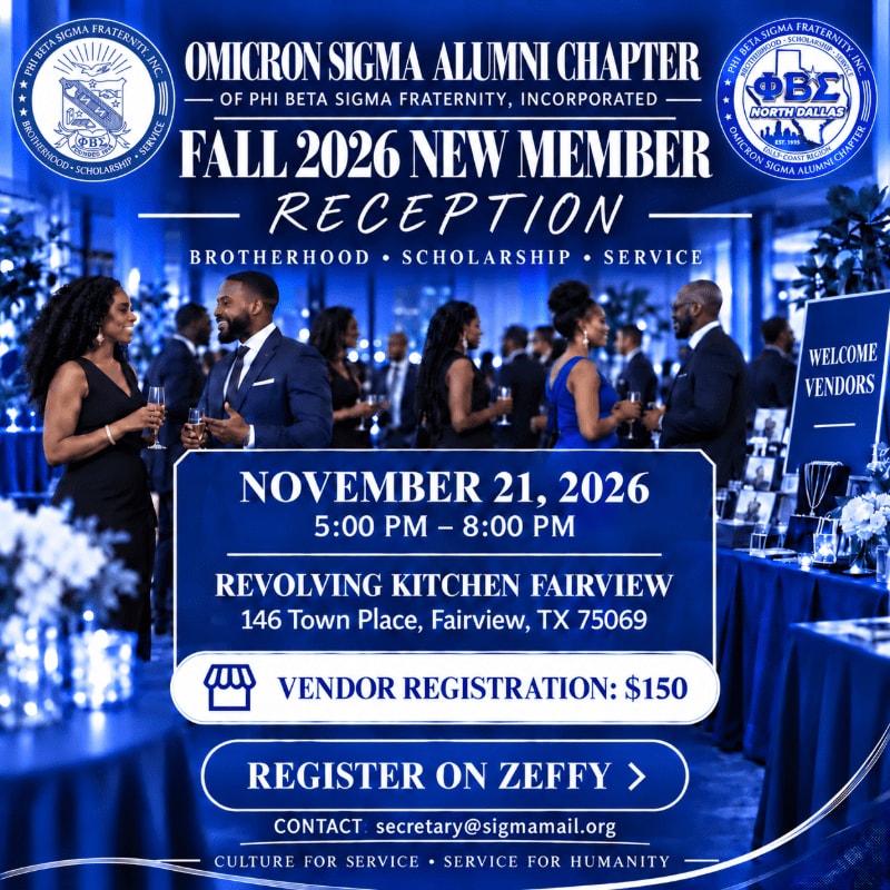 A group of elegantly dressed people mingle at a reception in a dimly lit venue, with event details for the Omicron Sigma Alumni Chapter's Fall 2026 New Member Reception prominently displayed.