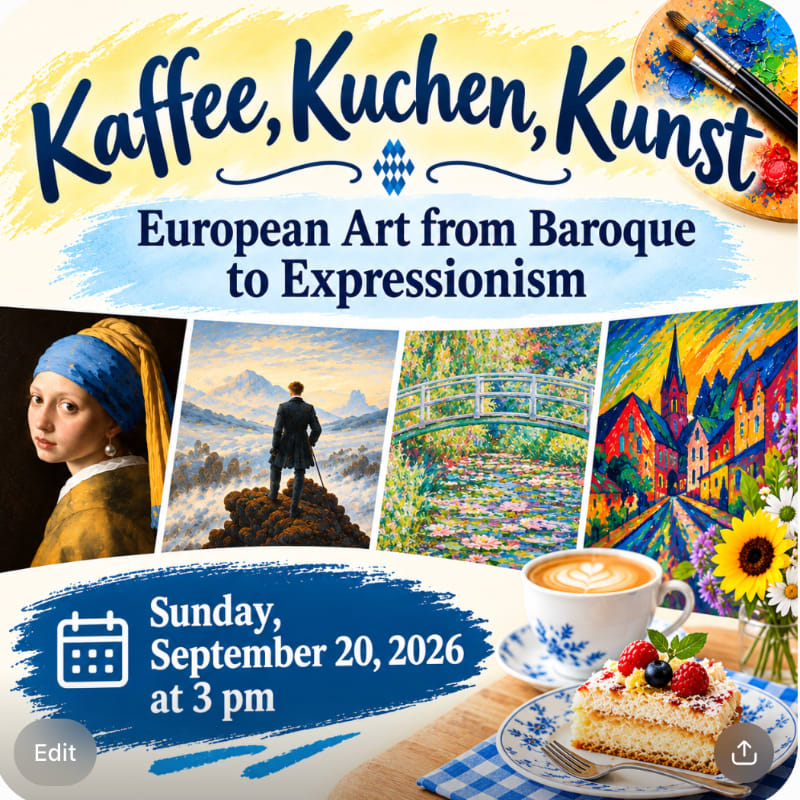 A flyer for "Kaffee, Kuchen, Kunst" event features a collage of European artworks in the background, with a slice of cake and coffee in the foreground.