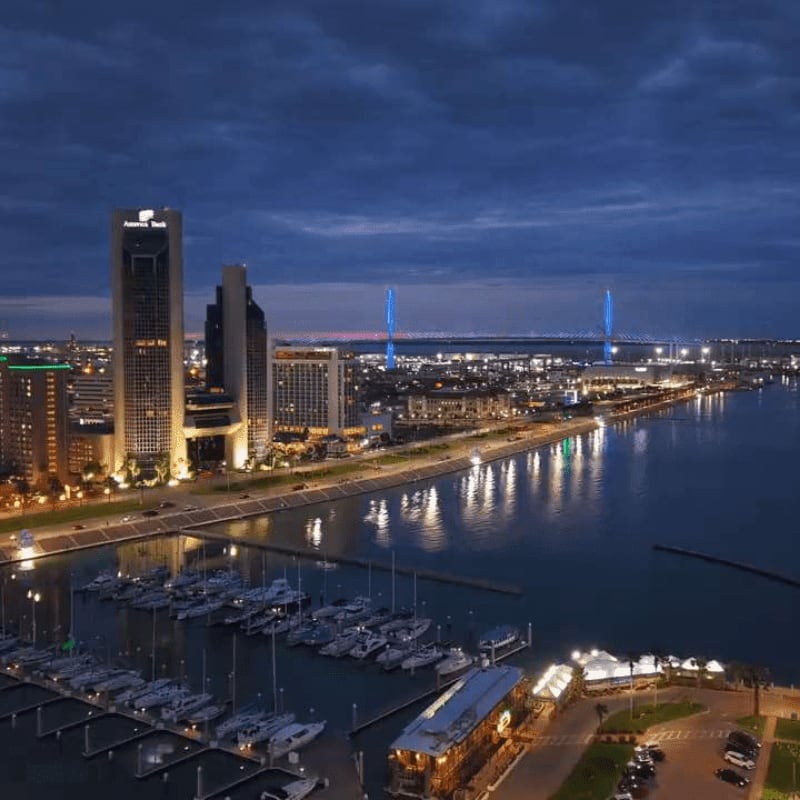 A marina filled with docked boats sits in the foreground, while a city skyline with illuminated buildings and a distant bridge stretches across the background under a twilight sky.