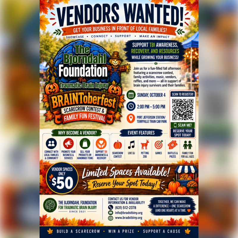 A fall-themed flyer advertises "BRAINToberfest Scarecrow Contest & Family Fun Festival" with a scarecrow in the foreground and autumn leaves and trees in the background.