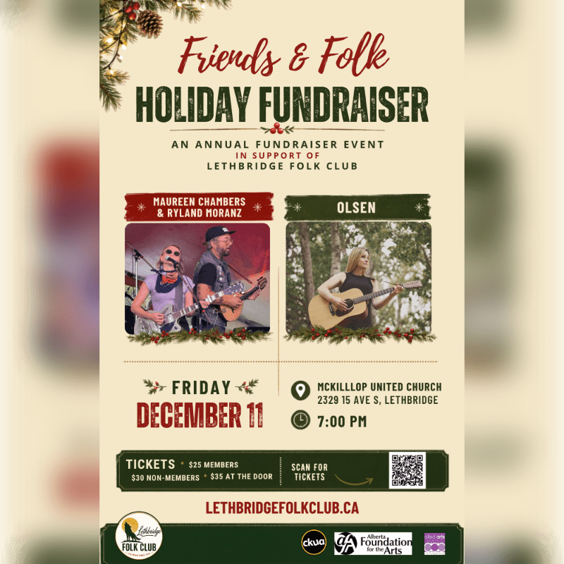 A holiday fundraiser poster for the Lethbridge Folk Club features two musical acts in the foreground and event details in the background.