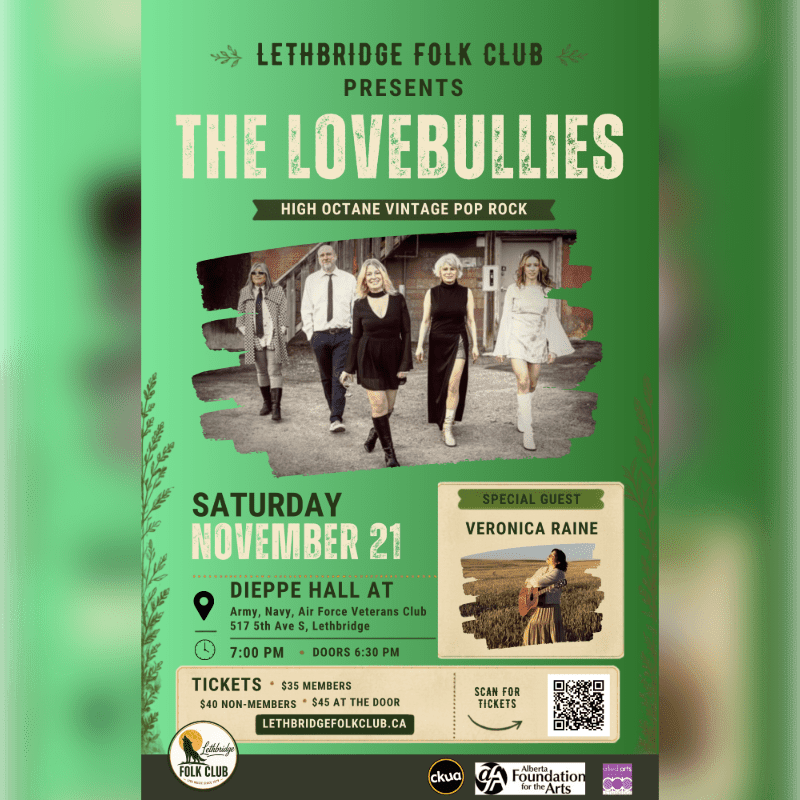 A band named The Lovebullies is featured on a green poster with event details in the foreground and a photo of a woman in a field in the background.
