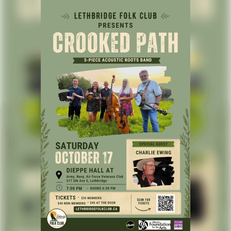 A folk band named Crooked Path and special guest Charlie Ewing are featured on a poster for a Lethbridge Folk Club event, with a band photo in the upper half and event details below.
