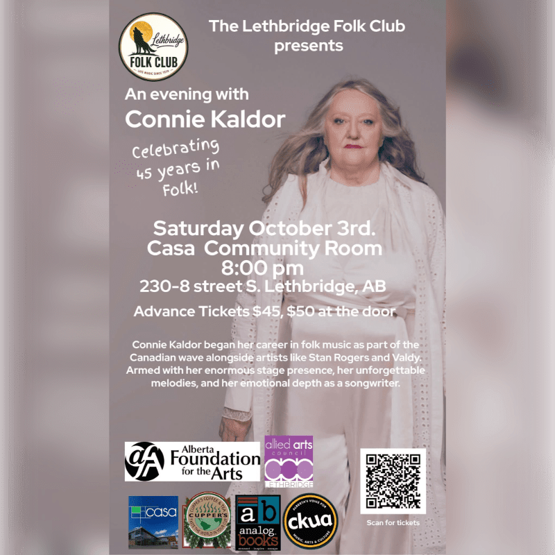 A poster for an evening with Connie Kaldor, celebrating 45 years in folk music, features a portrait of the artist in the background and event details in the foreground.