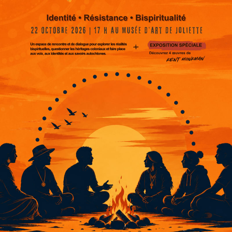 A group of people sit around a campfire under a setting sun, with text announcing an event about identity, resistance, and bispirituality at the Musée d'Art de Joliette.