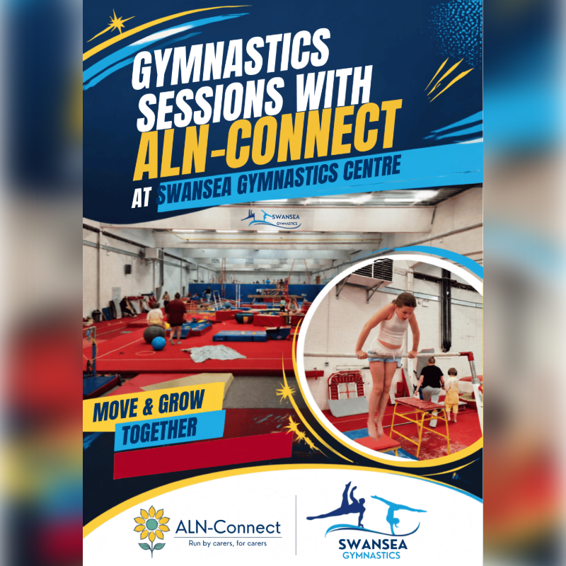 A vibrant poster advertises gymnastics sessions with ALN-Connect at Swansea Gymnastics Centre, featuring a young girl mid-jump in the foreground and a busy gymnastics hall in the background.