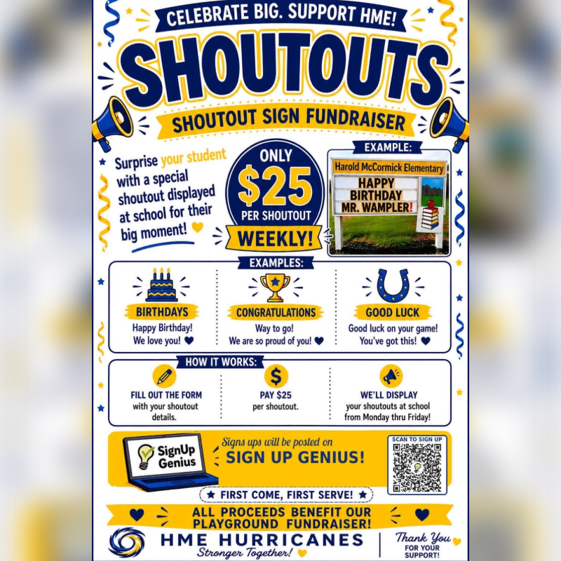 A colorful flyer advertises a "Shoutouts Sign Fundraiser" with examples of birthday, congratulations, and good luck messages, all set against a blue and yellow background with playful graphics.