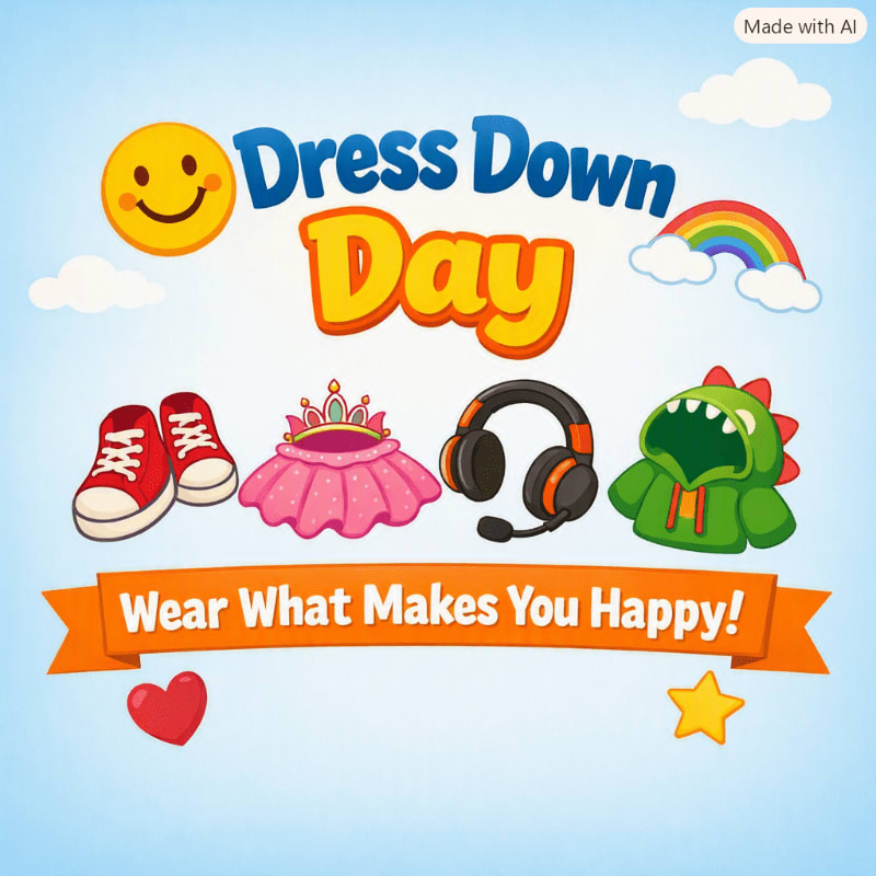 Red sneakers, a pink tutu, headphones, and a dinosaur costume are displayed on a blue background with a smiling sun, rainbow, and clouds, all under a banner that reads "Wear What Makes You Happy!"