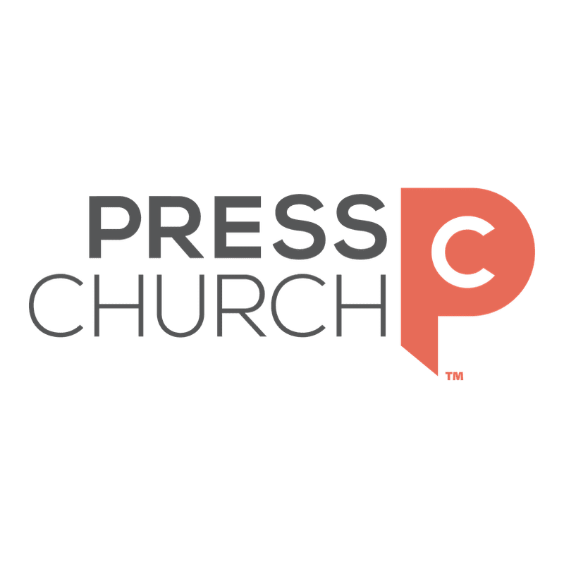 Gray text reading "PRESS CHURCH" is on the left, with a coral-colored "P" and "C" logo on the right, all against a white background.