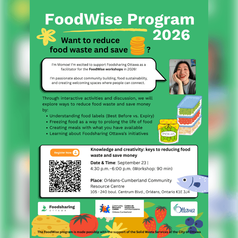 A bright green flyer advertises the FoodWise Program 2026, featuring illustrations of food items and a QR code in the foreground, against a background of text and a smiling woman's photo.
