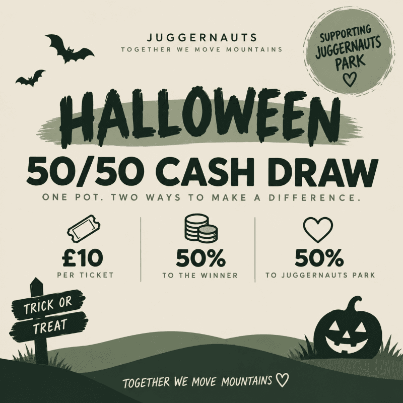 A Halloween-themed poster advertises a 50/50 cash draw with a trick-or-treat sign and pumpkin in the foreground, set against a background of bats and rolling hills.