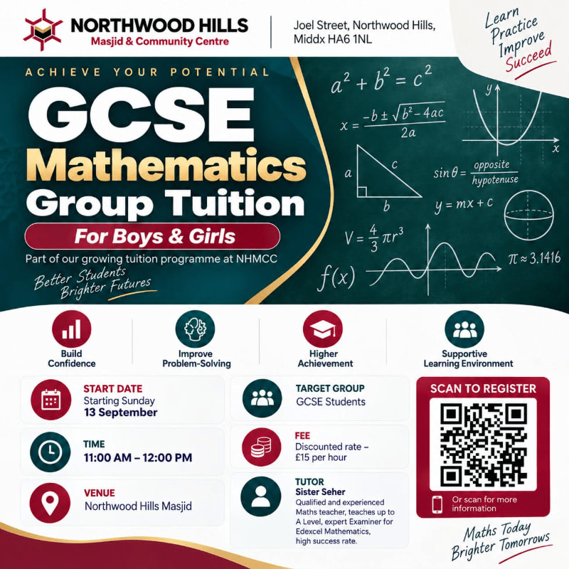 A dark blue background with mathematical formulas and diagrams in the upper section advertises GCSE Mathematics Group Tuition, while the lower section provides details about the course, including start date, time, venue, fee, and tutor, all presented with icons and a QR code for registration.