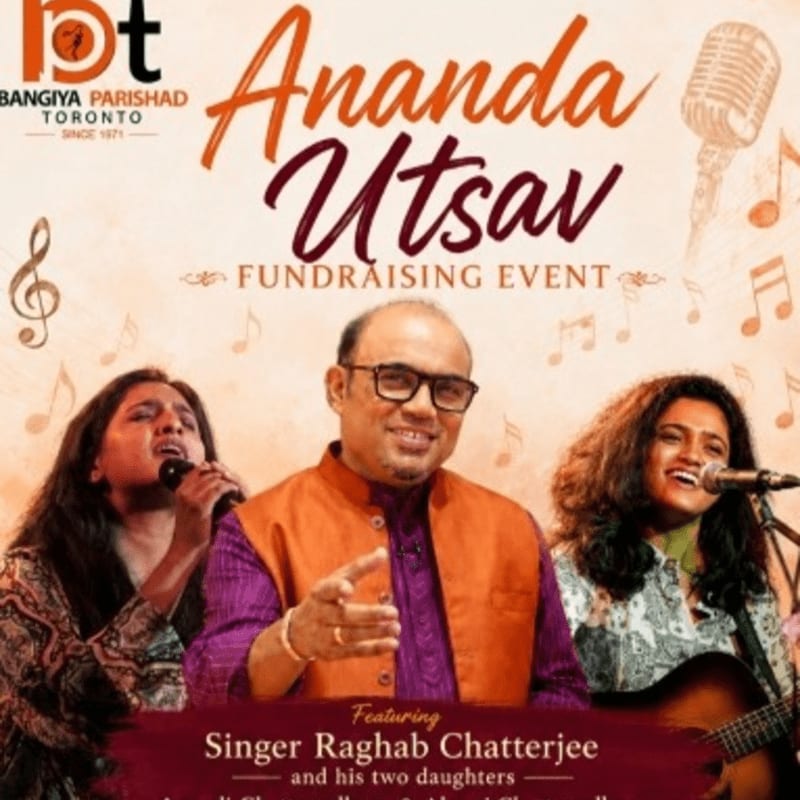 A man in an orange vest and purple shirt smiles at the camera while two women sing into microphones in front of a background with musical notes and the text "Ananda Utsav Fundraising Event".