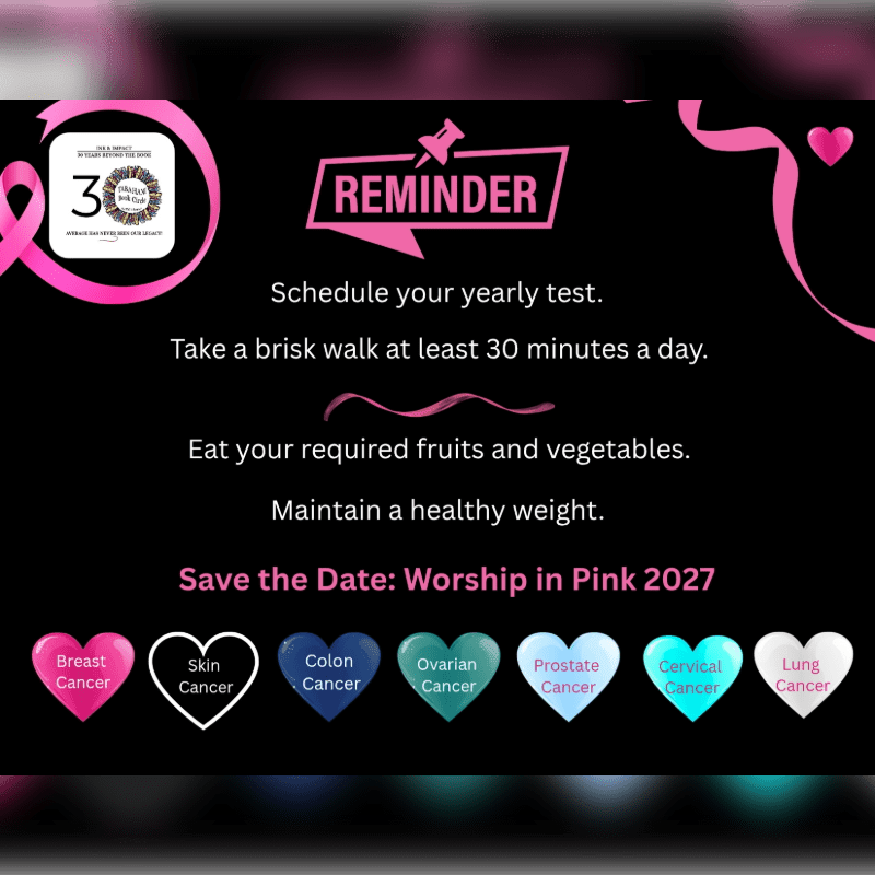 Pink ribbons and cancer awareness icons are displayed on a black background with health reminders and a "Save the Date" for an event in 2027.