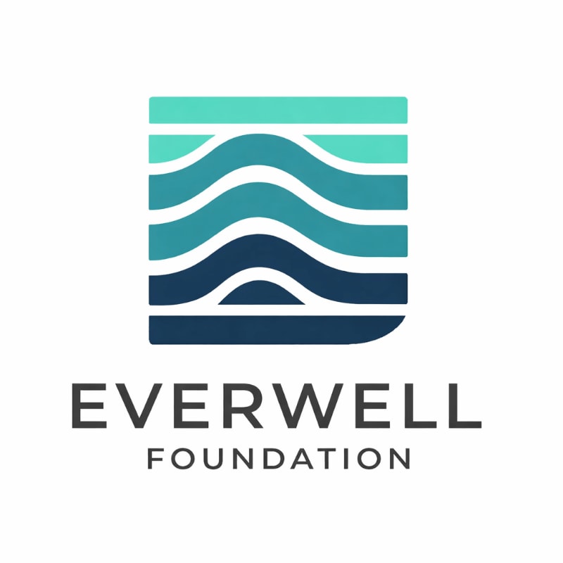 A square logo with wavy lines in shades of blue and green fills the top, while "EVERWELL FOUNDATION" is written in dark gray text below.