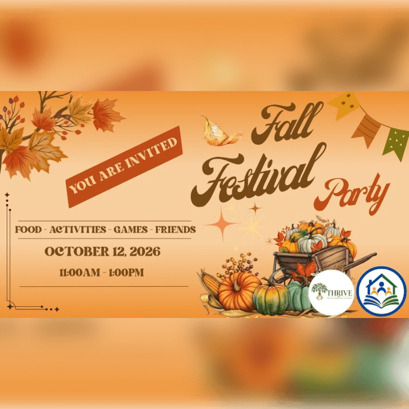 A fall festival party invitation features autumn leaves and pumpkins in the foreground against a warm orange background with festive text.