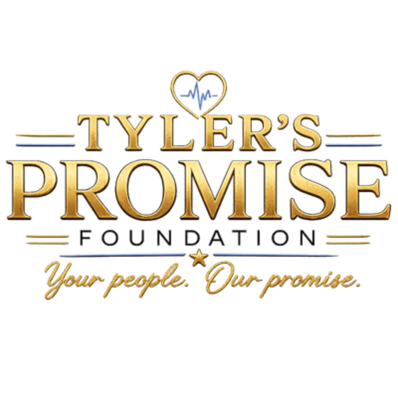 Gold lettering spells out "TYLER'S PROMISE FOUNDATION" with a heart and EKG line above, and "Your people. Our promise." below, all on a white background.