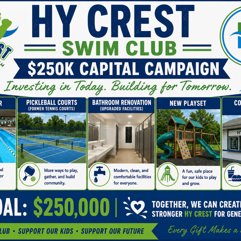 A promotional banner for the Hy Crest Swim Club's $250K Capital Campaign features images of pickleball courts, a renovated bathroom, and a new playset in the foreground, with the club's name and campaign details prominently displayed in the background.