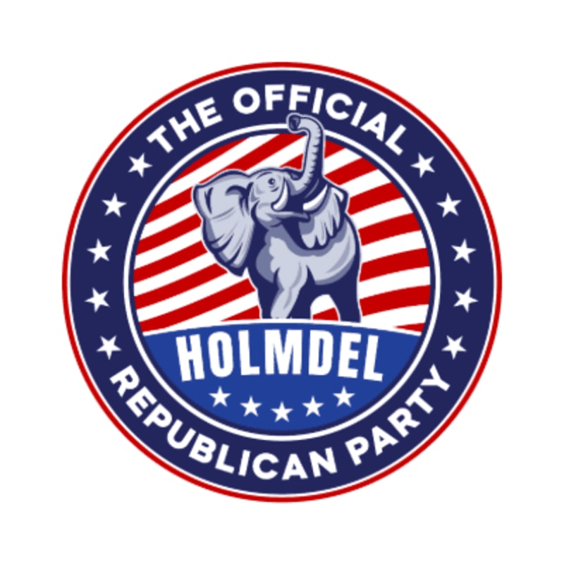 A stylized elephant stands in front of red and white stripes, surrounded by a blue circle with stars and text that reads "THE OFFICIAL HOLMDEL REPUBLICAN PARTY."