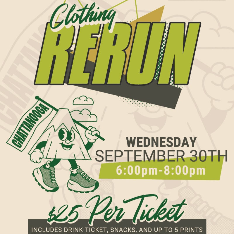 A cartoon mountain holding a "Chattanooga" flag stands in the foreground against a background advertising a "Clothing RERUN" event on Wednesday, September 30th, from 6:00 pm to 8:00 pm, with tickets costing $25 and including a drink ticket, snacks, and up to 5 prints.