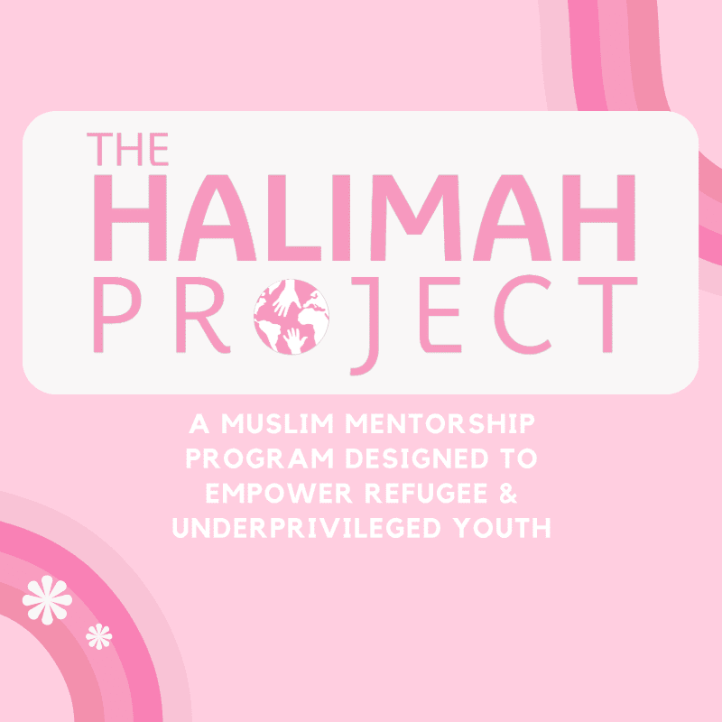 A pink background with rounded corners frames the text "THE HALIMAH PROJECT" in large pink letters, with a globe icon replacing the "O" in "PROJECT," and below it, smaller text describes the program's mission, while abstract floral and rainbow shapes adorn the foreground and edges.
